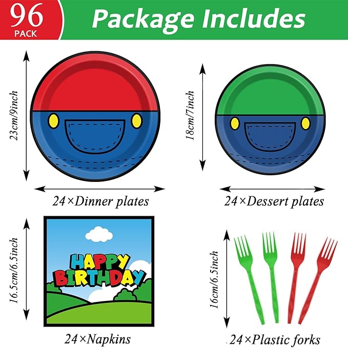 96 Pcs Super Theme Brother Birthday Party Plates and Napkins Brothers Theme Decorations Gamer Birthday Supplies Super Video Games Paper Dessert Plates Tableware Set for Kids Baby Shower 24 Guests