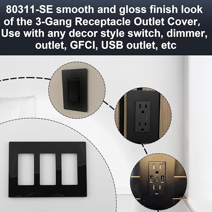 80311-SE 3-Gang Screwless Decorator Wall Plate,Screw Smooth Face Switch Plates for Leviton 80311-SE,3-Gang Screwless Wall Plate Receptacle Outlet Cover Black 2 Pack