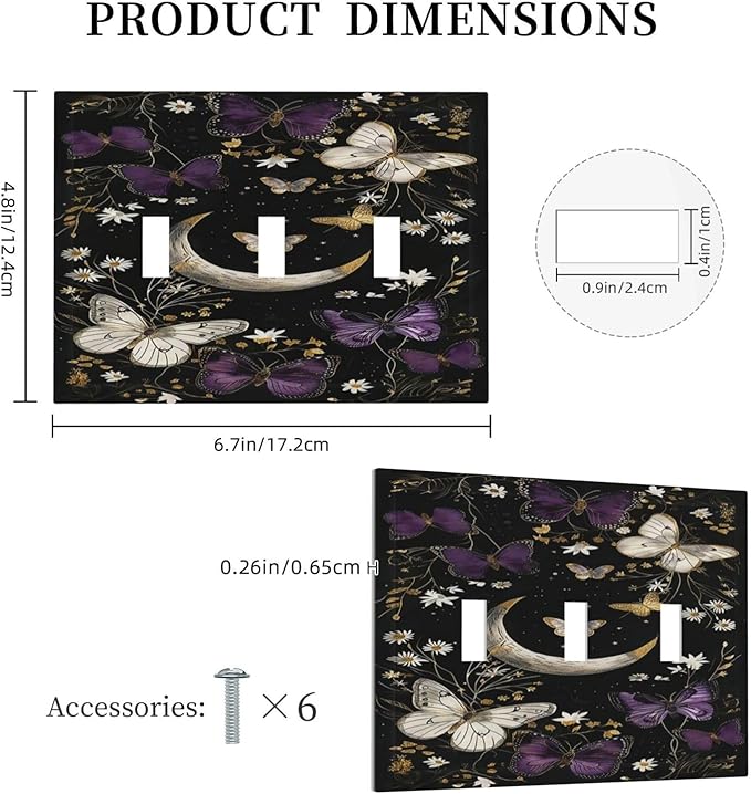 Decorative Light Switch Cover Plate Boho Crescent Moon Butterfly 3 Gang Wall Plate Triple Toggle Switch Plate Covers Electrical Outlet Cover for Bedroom Home Decor