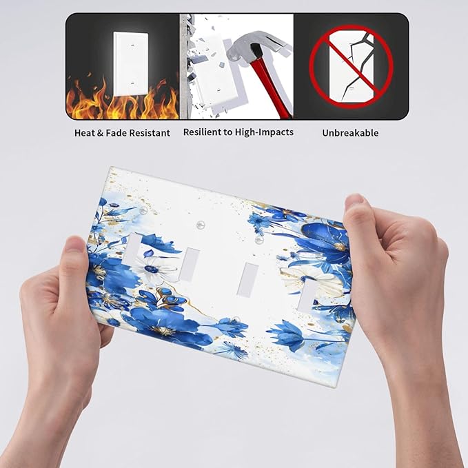 Klein Blue Flowers Watercolor Golden White Floral Light Switch Covers Quad Toggle Electrical Faceplate 4 Gang Wall Plate Decorative Switch Plates Cover for Bedroom Living Room Decor