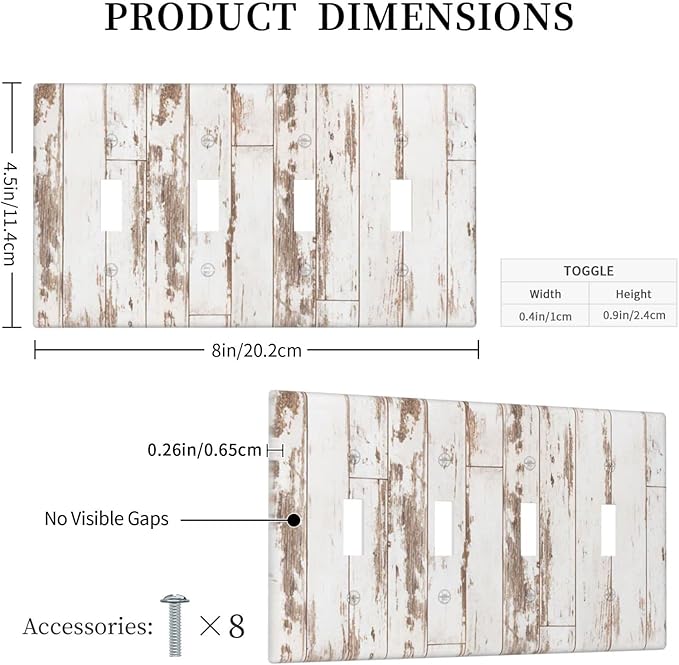 White Grey Wood 4 Gang Light Switch Cover Decorative Quad Toggle Wall Plate Decorative Electrical Faceplate for Kitchen Home Barn Farmhouse Decorate Large 8" x 4.5
