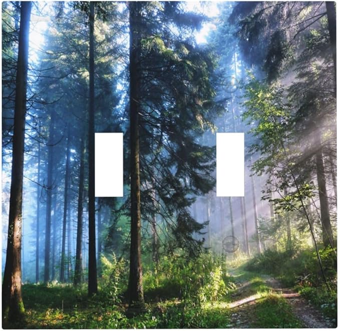 Green Landscape Forest Tree 2 Gang Double Toggle Light Switch Cover Electric Wall Plate Electrical Faceplate for Bathroom Home Living Room Jumbo Size Decor