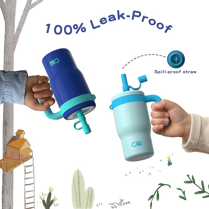 OISIZ 14oz Kids Tumbler with Straw Lid & Handle,Kids Cup with Animal Accessory for School,Kids Water Bottles with Dust-proof Cover,Leakproof Water Bottles,316 Stainless Steel,Keep Cold 24 Hours-blue