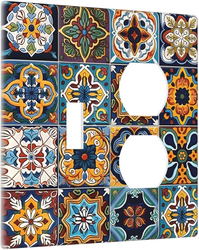 Mexican Talavera Tiles Floral Wallplates 1 Toggle 1 Duplex Switch Plate Electrical GFCI Faceplate Decorative Light Switch Covers for Bathroom Kitchen Decor
