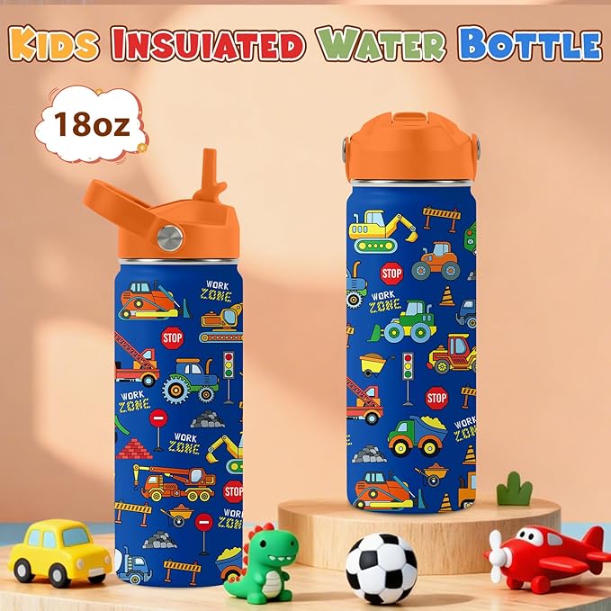 Construction Gifts for Men & Women - 18 Oz Water Bottle with Straw Lid, Stainless Steel Insulated Bottle, Leak Proof, BPA-Free, for Boys, Travel - Truck Lovers Teen Birthday Gifts Cups(1pc)