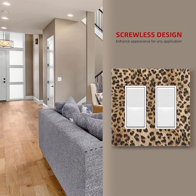 Classic Leopard 2 Gang Double Rocker/Decor Light Switch Cover Decorative Outlet Wall Plate Electrical Faceplate Home Bedroom Art Panel Decor Screwless 4.7" x 4.6