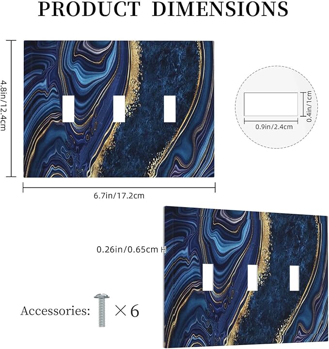 Blue Navy Marble 3 Gang Triple Toggle Light Switch Wall Plate Cover Marble Decorative Electrical Faceplate Teen Kids Boys Navy Blue Gold Abstract Bathroom Home Bedroom Art Panel Decorate 6.7" x 4.8