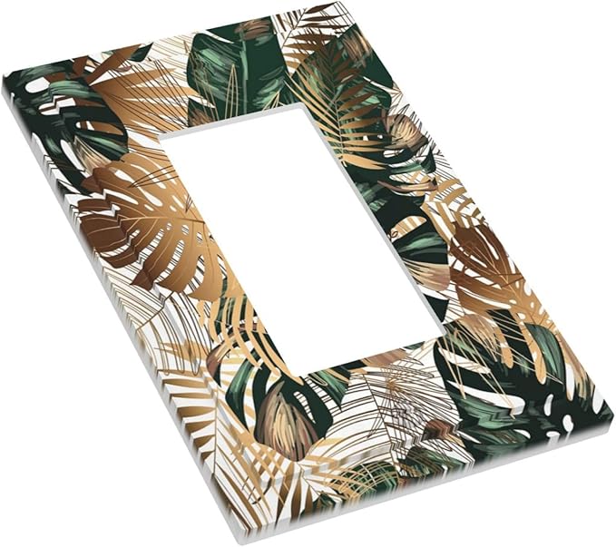Green Tropical Leaves Gold Palm Leaf Botanical 1 Gang Rocker Light Switch Covers Decorative Unique Single Decora Outlet Wall Plate Faceplate Switchplate GFCI for Bedroom Bathroom Decor