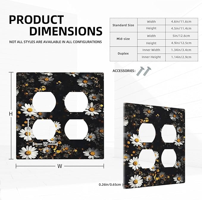 White Black Daisy Wildflower Modern Chrysanthemum Outlet Covers 2 Gang Double Duplex Decorative Light Switch Covers Electrical Wallplates Socket Faceplate for Bedroom Farmhouse Decor