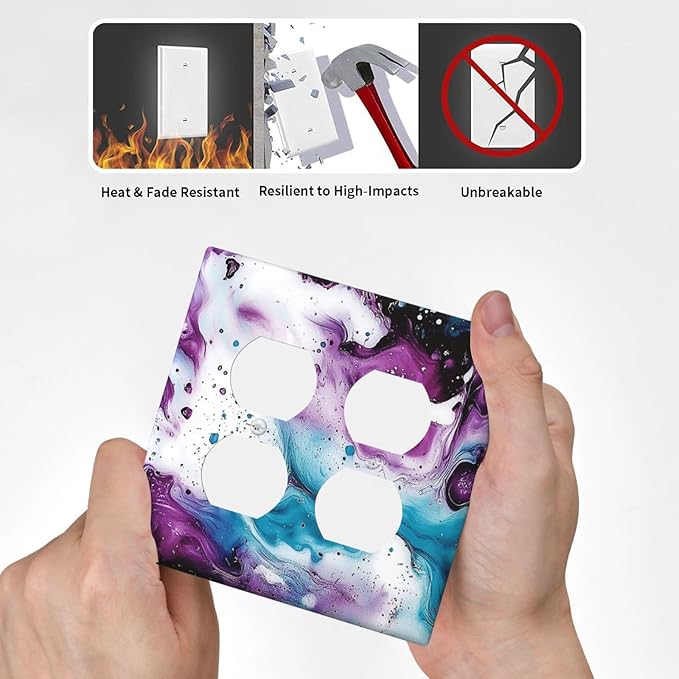 Outlet Covers Purple Blue Swirl Marble Tiles 2 Gang Double Duplex Decorative Light Switch Covers Electrical Wallplates Socket Faceplate For Bed Room Living Room Decor