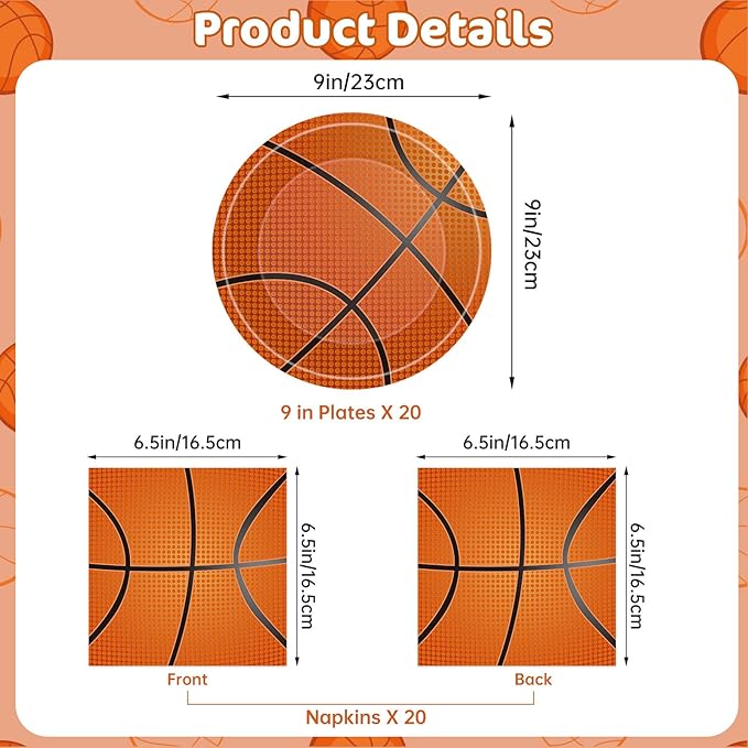 40 Pcs Basketball Plates and Napkins Sets - Sports Birthday Party Supplies Tableware, Brown Disposable Paper Plates Napkins Kit for Basketball Birthday Party Decorations Table Decor, Serves 20