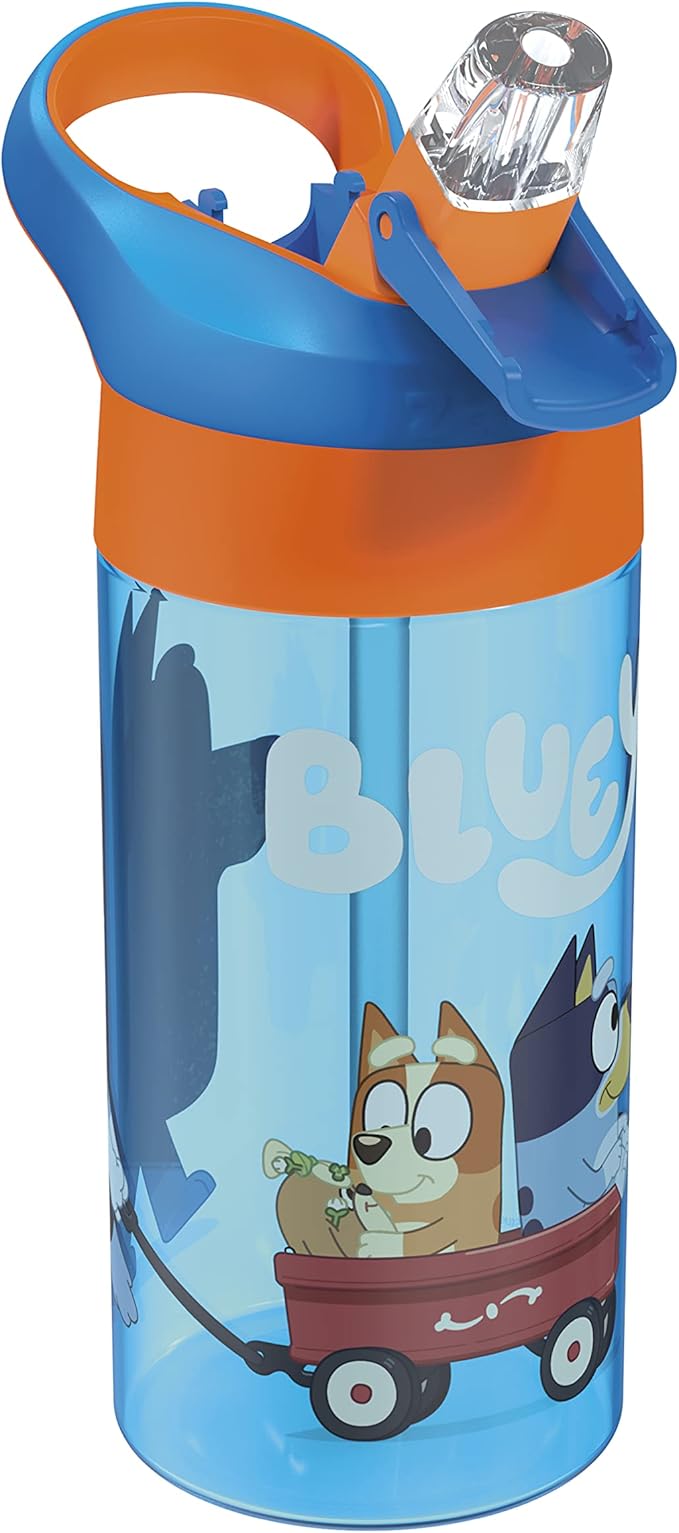Zak Designs 17.5 oz Riverside Bluey Kids Water Bottle with Straw and Built in Carrying Loop Made of Durable Plastic, Leak-Proof Design for Travel, 2PK Set
