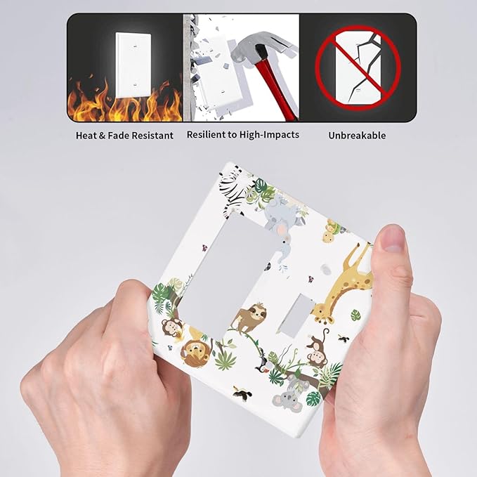 Jungle Animals Tree Branch Monkey Giraffe Lion Elephant Outlet Covers 1 Toggle 1 Rocker Combination Decorative Wall Plate Electrical Switch Plates Light Switch Cover Plate for Kids Room Nursery Decor