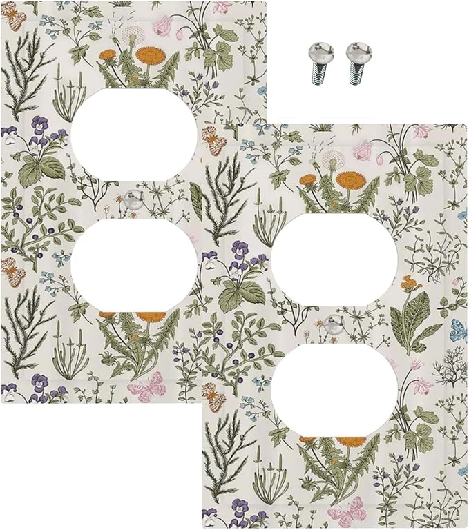 Outlet Covers Boho Floral Vintage Flowers Plants 1 Gang Duplex Light Switch Cover Plate Decorative Wall Plates Electrical Switchplate Receptacle for Bathroom Bedroom Decor（2 Pack）