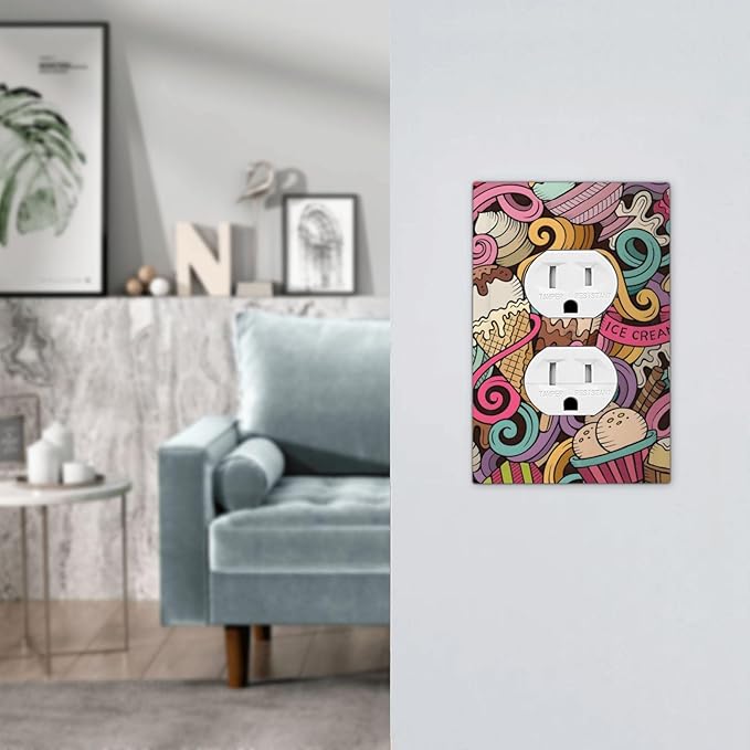 Cartoon Hand Drawn Ice Cream Doodles Colorful Print Outlet Covers 1 Gang Duplex Light Switch Cover Decorative Switch Plates Electrical Receptacle Faceplate Wall Plate for Kids Room Nursery Decor