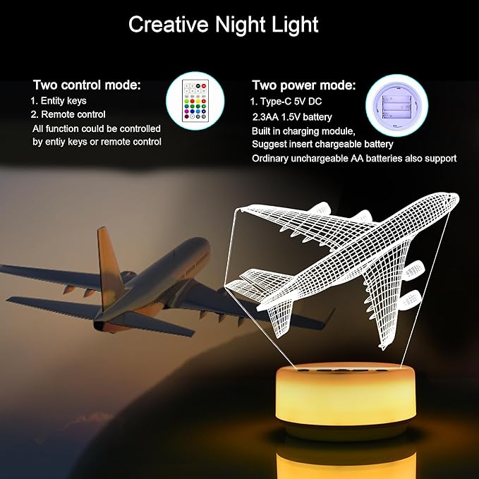 Airplane Gifts Night Light for Kids，Plane Decor Bedside Lamp for Bedroom，Aircrafts Night Light with 14 Color & Remote + Dim Function + Timer (1H/3H/6H)，Aviation Gift Birthday Gifts for Boys & Girls