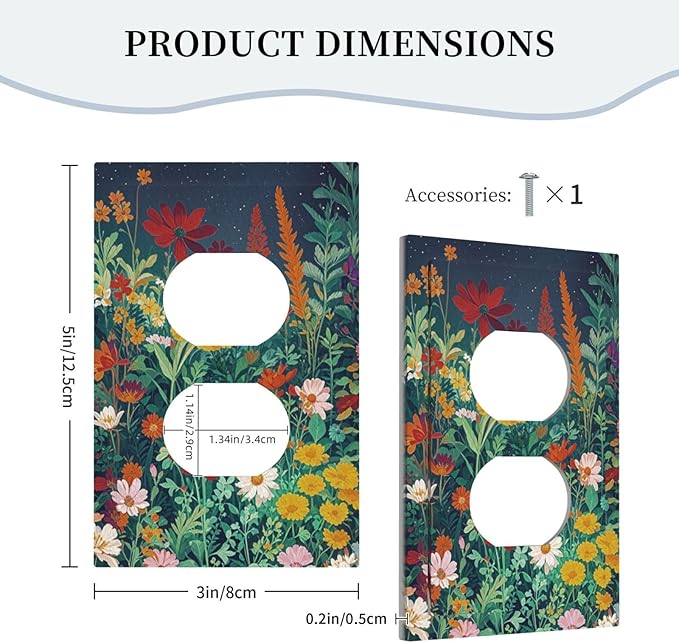 Decorative Outlet Covers with Wildflowers & Stars Botanical Floral Art Design 1 Gang Duplex Light Switch Cover Plate Unique Wall Plates Switchplate Cover for Garden Theme Wall Decor