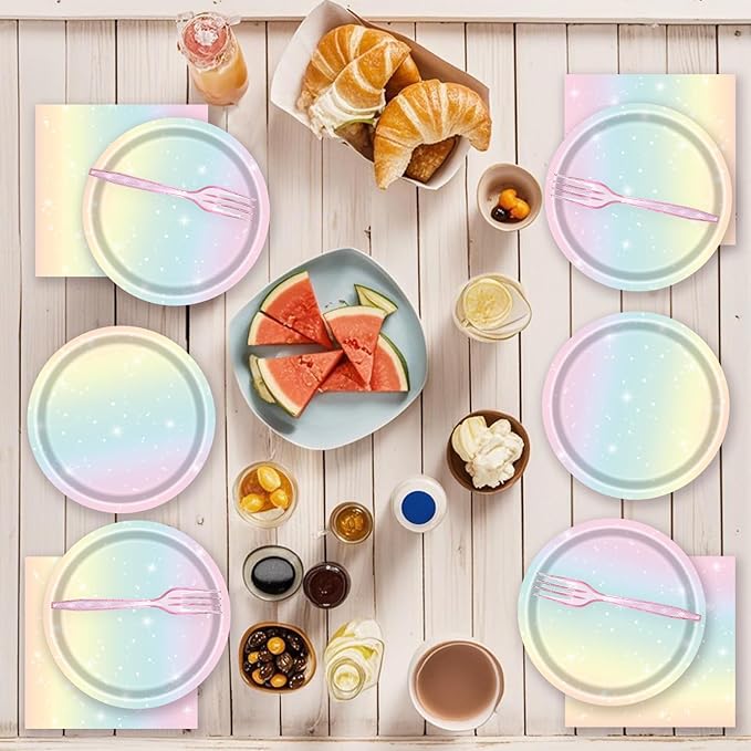 72 Pcs Pastel Rainbow Paper Plates 7in Disposable Birthday Dessert Plates Napkins and Forks Party Tableware Set Decoration Supplies for Girls Birthday Baby Shower Wedding Graduation Party, Serve 24