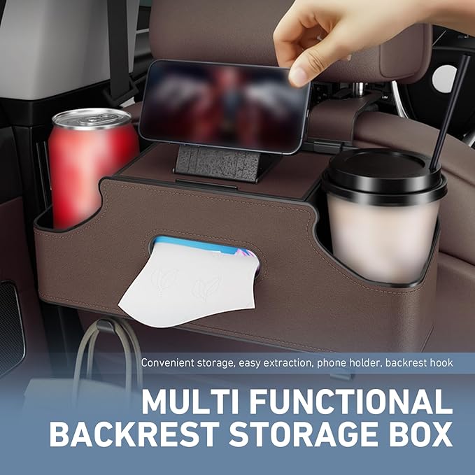 1 PC Car Seat Back Organizer, Multi-Function Tissue Storage Box with 2 Drink Cup Holders, Hanging Kids and Travel Accessories, Universal for Water Cup Phone Umbrella Bag (Brown)