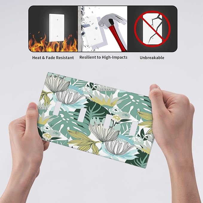 Retro Tropical Leaves 4 Gang Wall Plate Quad Toggle Light Switch Cover Decorative Outlet Covers Electrical Light Switches Faceplate for Bedroom Bathroom Kitchen Decor