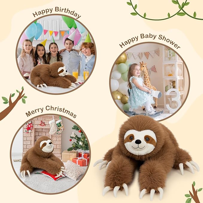 BENINY Large Sloth Stuffed Animals 28", Realistic Three Toed Big Sloth Plush Pillow with Snap Button Hands for Hanging, Gifts for Teens Adults Decors