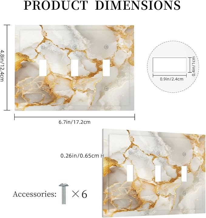 Gold Marble Crack Simple Abstract Print Decorative Switch Plates 3 Gang Wall Plate Triple Toggle Light Switch Cover Faceplate Electrical Wall Panels for Bathroom Kitchen Home Decor