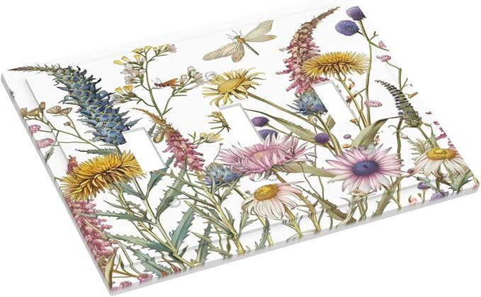 Light Switch Cover Plate Botanical Wildflowers Dragonfly Colorful Floral 3 Gang Triple Toggle Decorative Switch Plates Wall Plates Electrical Switchplate Faceplate for Bathroom Bedroom Decor