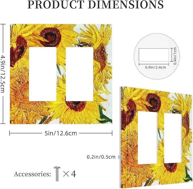 Rustic Sunflower Oil Painting Vintage Flowers Decorative Outlet Covers 2 Gang Double GFCI Rocker Electrical Wall Panels Light Switch Cover Plate for Bed Room Living Room Decor