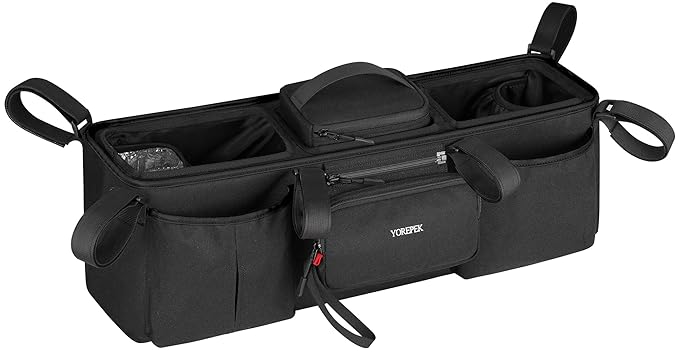 YOREPEK Padded Double Stroller Organizer with Removable Cooler Bag,Fits for Bob Duallie,Baby Jogger City Mini GT2 and Jeep, Large Capacity Stroller Caddy Attachment, Double Baby Stroller Accessories