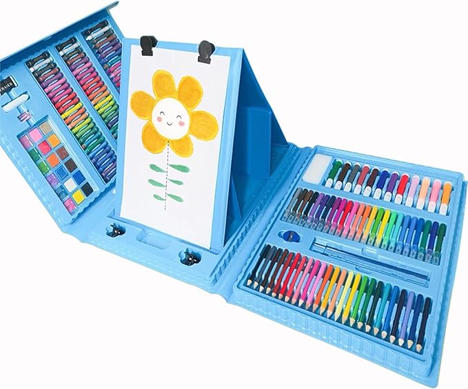 DLUCKY 208 PCS Art Supplies, Drawing Art Kit for Adults Art Set with Double Sided Trifold Easel, Oil Pastels, Crayons, Colored Pencils, Watercolor Pens Gift for Girls Boys Artist,Blue