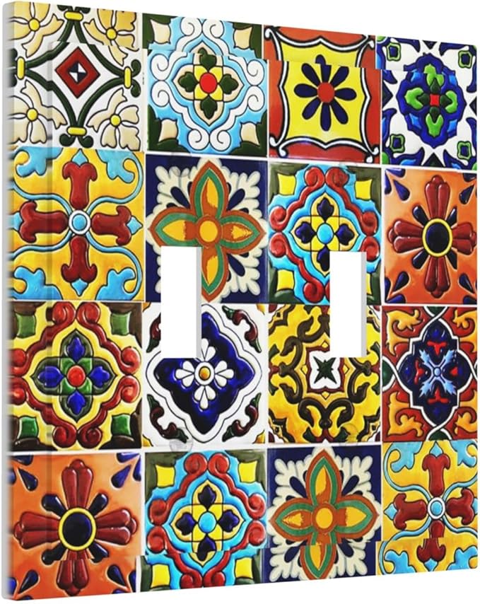 Yellow Vintage Mexican Moroccan Talavera Tile 2 Gang Outlet Light Switch Cover Orange Boho Mosaic Ceramics Tiles Double Toggle Electrical Outlet Covers Decorative Dual Device Switch Face Wall Plate