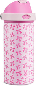 18 oz Kids Water Bottle for School: Meoky 18 oz Stainless Steel Insulated Water Bottle with 2-in-1 Straw and Spout Lid - Leak Proof, Fits in Car Cup Holder, BPA-Free for Teen Girls, Pink Bows