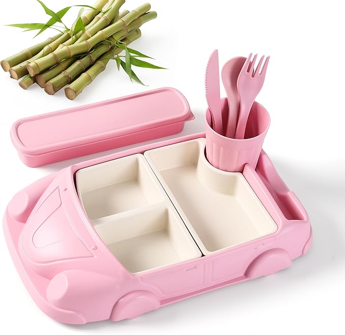 Kids garden Car Plate 8Pcs/Set Bamboo Children Dinnerware Sets - Dishwasher/Microwave Safe Includes Cutlery, Beautiful Plate, Separable Bowls & Cup Happy MealTime, Pink