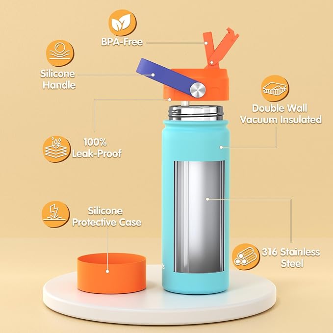 Kids Water Bottle, 18oz Toddler Insulated Bottles with Stickers, 18/8 Stainless Steel Leak-Proof Kids Straw Cup for School, Gifts for Boy(YellowBlue)