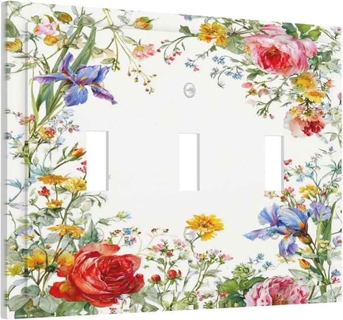 Decorative Light Switch Cover Plate Rustic Red Flower Garden Floral 3 Gang Wall Plates for Electrical Outlets Triple Toggle Switch Plate Covers Outlet Covers Faceplate for Country Home Decor