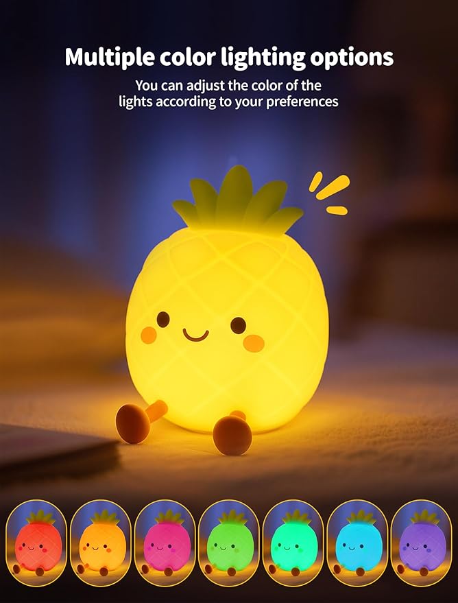 Pineapple Night Light for Kids, Nursery Night Light, Bedside Touch Lamp, Cute Silicone Nightlight for Baby Toddler, 3 Level Dimmable, Christmas Gift for Baby,Adults,Toddler Girl Room Decor
