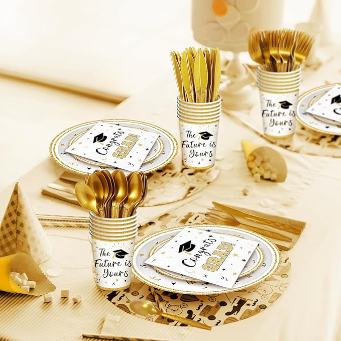 175 Pcs Graduation Tableware Set Party Supplies - Serves 25, Congrats Grad Class of 2026 Disposable Plates, Cups, Napkins, Forks, Spoons, Knives for High School, College Graduation, Prom Decorations