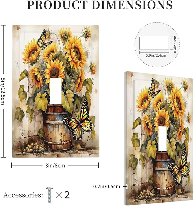 Decorative Light Switch Cover Rustic Vintage Sunflower Bouquet Butterfly 1 Gang Single Toggle Decorator Outlet Wall Plate Device Electrical Faceplate Switchplates for Farmhouse Cabin Decor