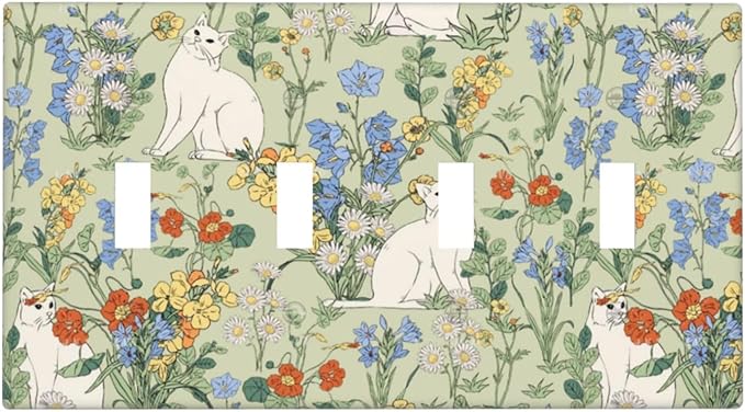Light Switch Covers Vintage Floral Cute Cat Colorful Flowers Quad Toggle Electrical Faceplate 4 Gang Wall Plate Decorative Switch Plates For Bed Room Living Room Decor