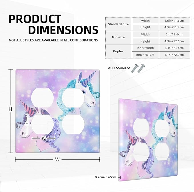 Lovely Fantasy Kid Girl 2-Gang Device Duplex Wall Plate, Cute Funny Cartoon Colorful Rainbow Purple/Blue Unicorn Decorative Two Gang Double Duplex Receptacle Socket Outlet and Light Switch Cover Plate