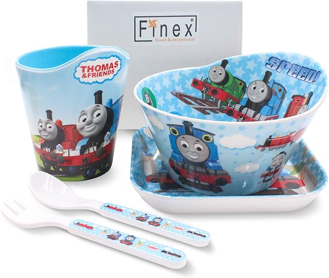 Thomas Transport Fans 5 Pcs Set Cartoon Durable Tableware Meal Dishes Mealtime Food Feeding Eating Set includes Dinner Serving Bowl Plate Cup with a Matching Spoon and Fork