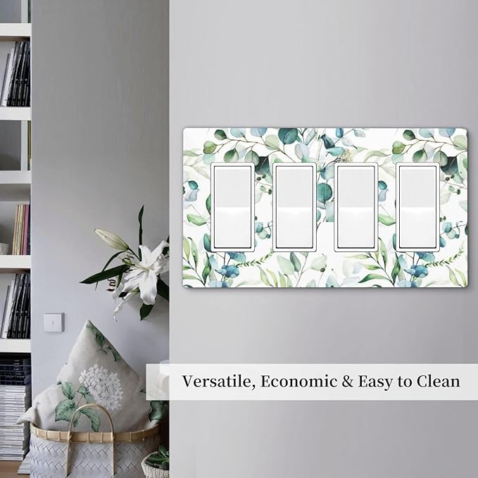Green Olive Sage Eucalyptus Leaves 4 Gang Quad Rocker Light Switch Cover Decorative Quadruple Device GFCI/Decorator Wall Plate Electric Faceplate Screwless
