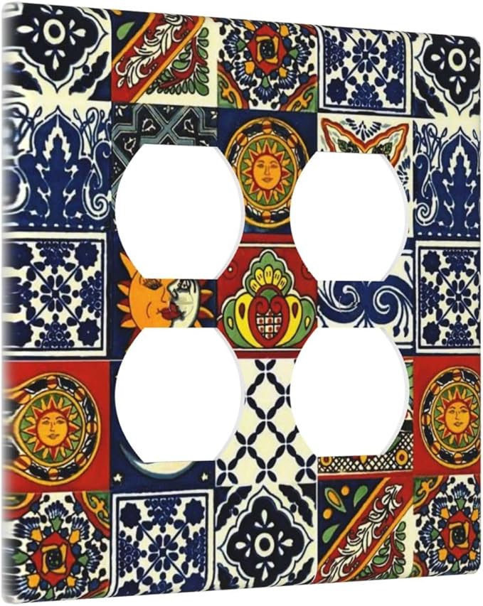 Boho Hippie Sun and Moon Mexican Talavera Tile 2-Gang Device Duplex Wall Plate, Mysterious Hippy Moroccan Tiles Decorative Two Gang Double Duplex Receptacle Socket Outlet and Light Switch Cover Plate