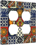 Boho Hippie Sun and Moon Mexican Talavera Tile 2-Gang Device Duplex Wall Plate, Mysterious Hippy Moroccan Tiles Decorative Two Gang Double Duplex Receptacle Socket Outlet and Light Switch Cover Plate