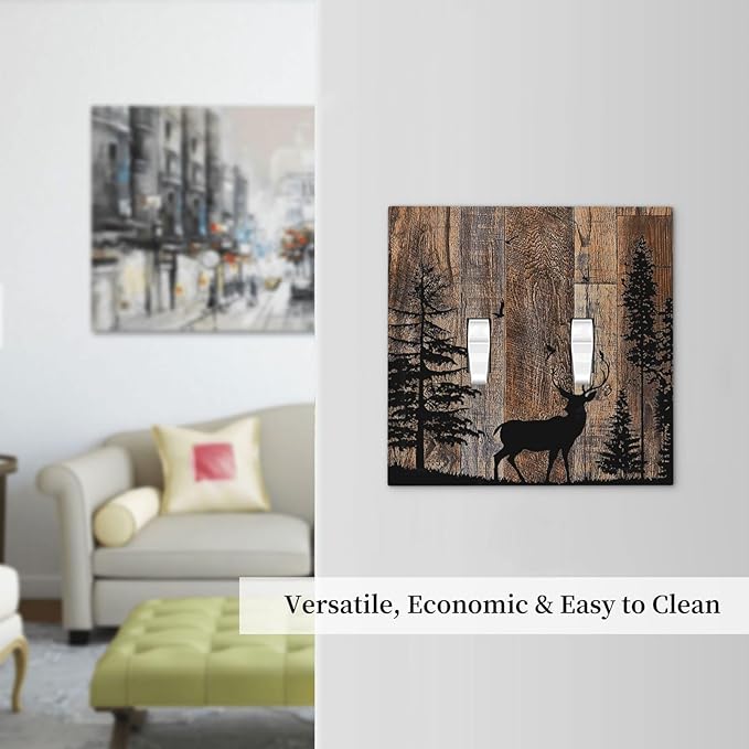 Decorative Switch Plates Rustic Forest Antler Elk Deer Silhouettes Animals Wood Grain 2 Gang Double Toggle Wall Plate Outlet Light Switch Cover Electrical Faceplate for Farmhouse Home Decor