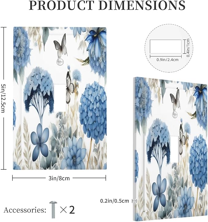 Blue Floral Hydrangea Floral Butterfly Flower Plant Decorative Light Switch Cover 1 Gang Single Toggle Device Electrical Faceplate Switchplates Decorator Outlet Wall Plate for Bedroom Living Room