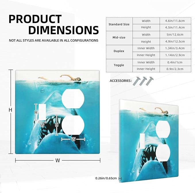 Beach Shark Oceanjaws Movie Vintage Look Wallplates 1 Toggle 1 Duplex Switch Plate Electrical GFCI Faceplate Decorative Light Switch Covers for Bathroom Kids Room Decor