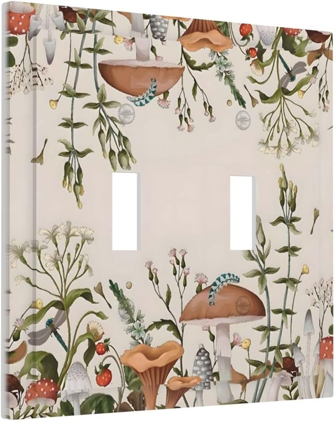 Boho Mushroom Forest Plants Wildflowers Insects Decorative Switch Plates 2 Gang Double Toggle Outlet Light Switch Cover Wall Plate Electrical Faceplate for Kids Room Home Decor