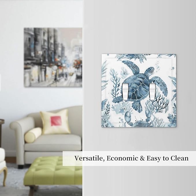 Blue Sea Turtle Coastal Coral Beach Crab Seaweed Decorative Switch Plates 2 Gang Double Toggle Outlet Light Switch Cover Wall Plate Electrical Faceplate for Kids Room Bathroom Decor