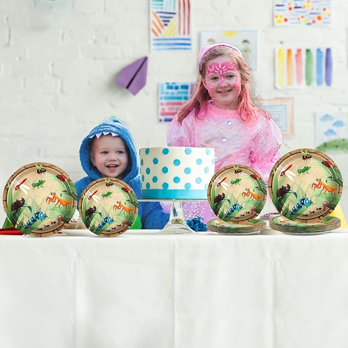 Qyeahkj 100 Pcs Bug Party Plates Napkins Supplies, Spring Summer Ladybugs Bee Reptile Birthday Party Tableware Set Insect Birthday Party Decorations Favors for Boys Girls Serve 25